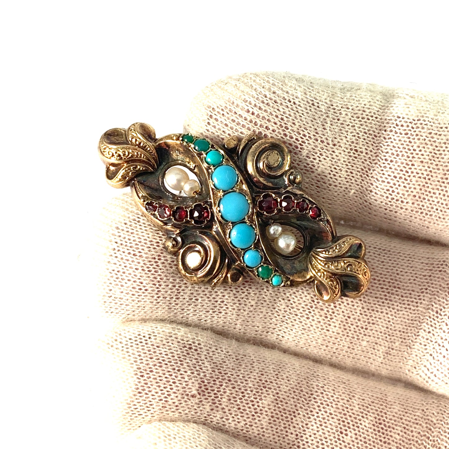 Christian Hammer, Sweden 1848 early Victorian 18k Gold Garnet Turquoise Pearl Brooch