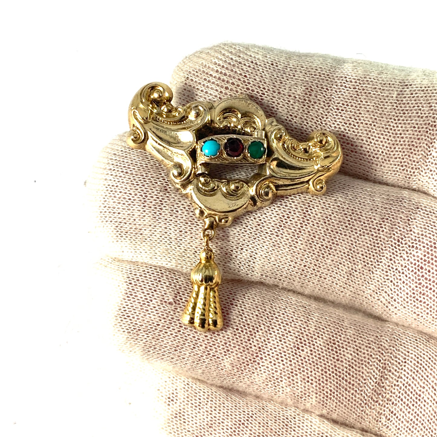 Johan Mauritz Corth, Sweden 1849 early Victorian 18k Gold Turquoise Garnet Chalcedony Brooch.