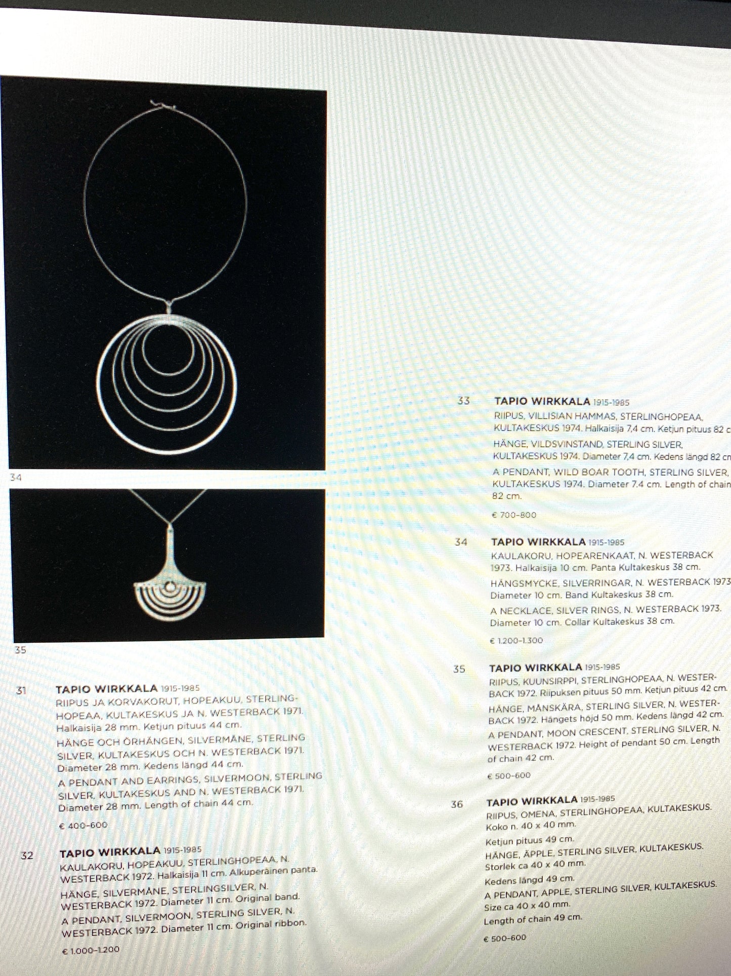 Tapio Wirkkala for N Westerback, Finland 1973 Sterling Silver Pendant Necklace.
