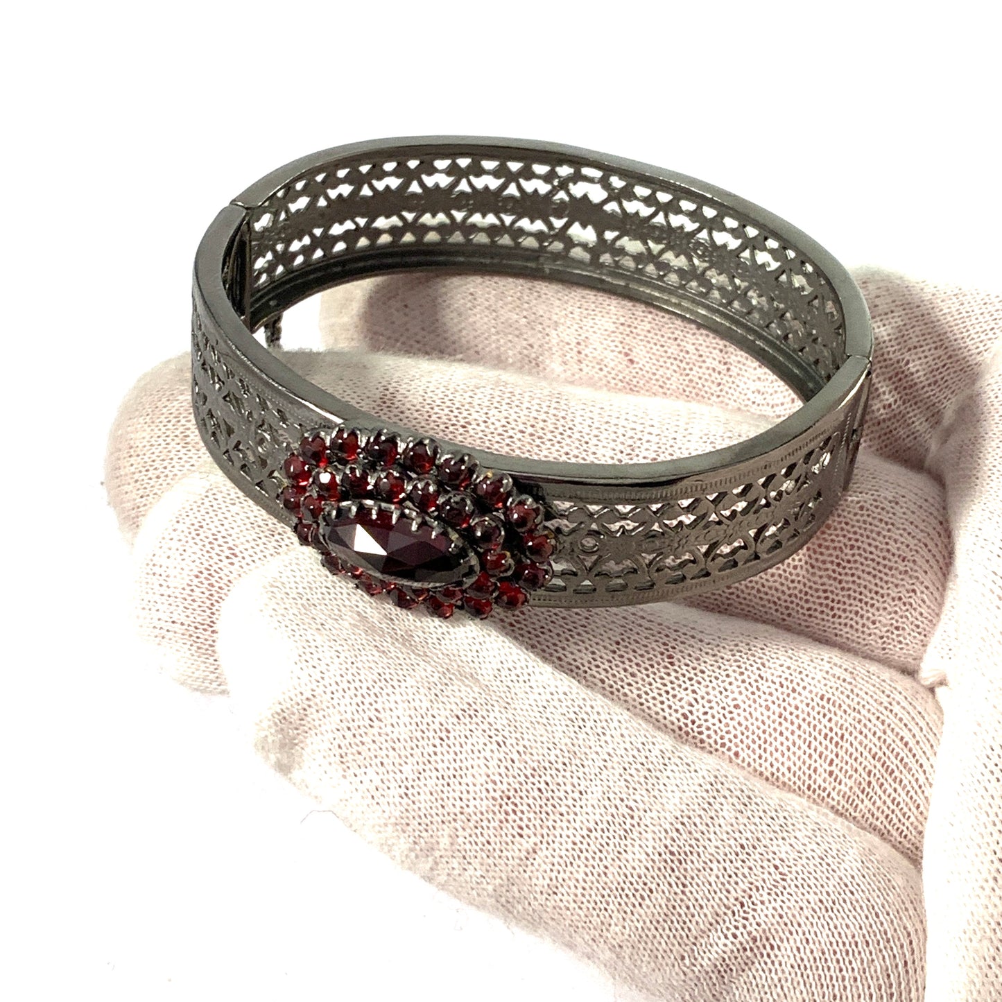 Mid Century Bohemian Garnet Metal Open Close Bangle Bracelet.