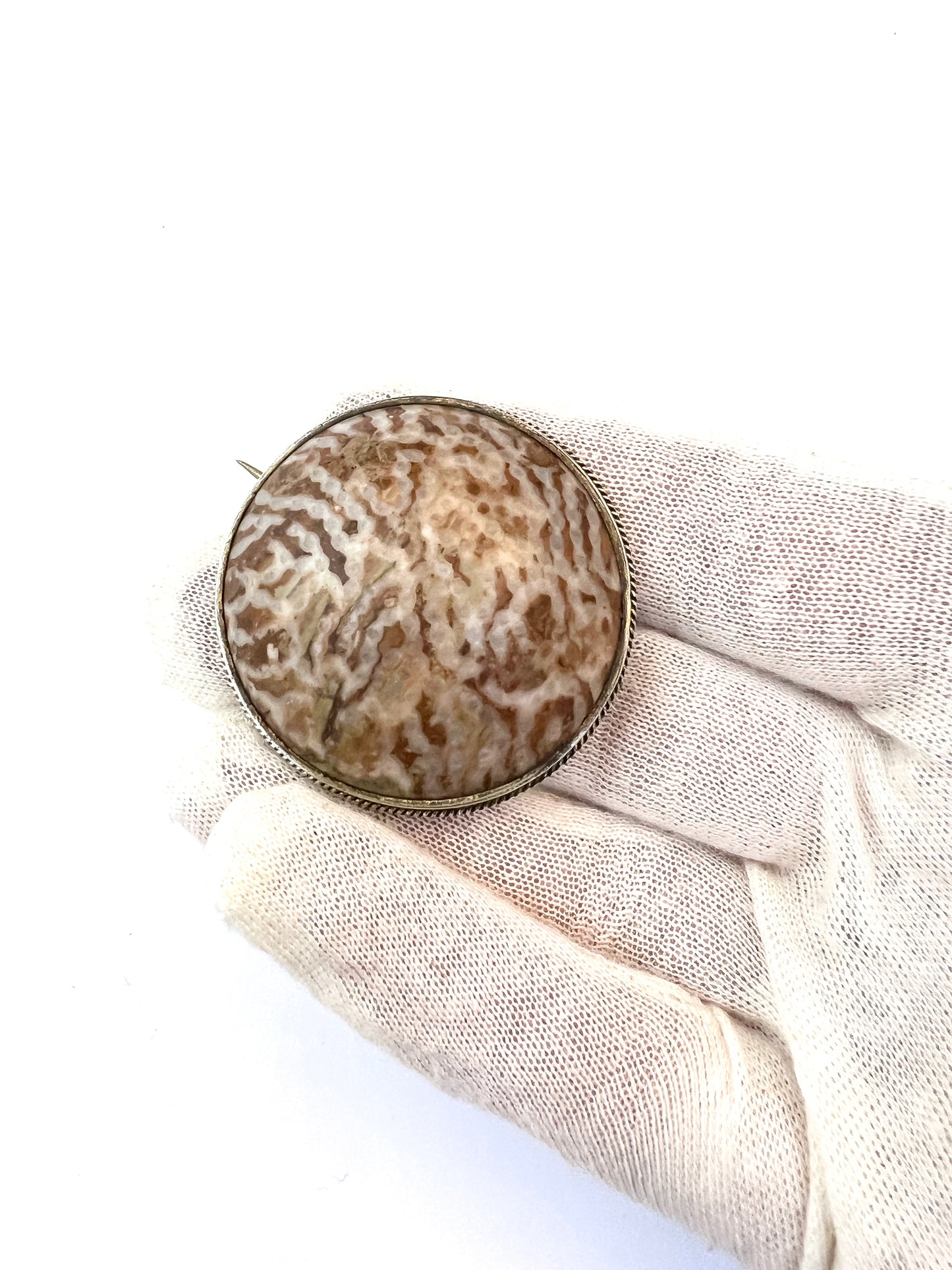 スウェーデン 1869年。アンティーク ビクトリア朝 大型 シルバー 大理石 ブローチ