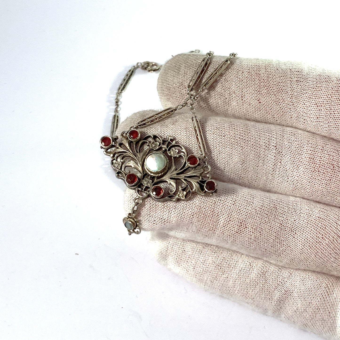 Maker EL, Germany c year 1900 Edwardian 800 Silver M o P Paste Stone Pendant Necklace.