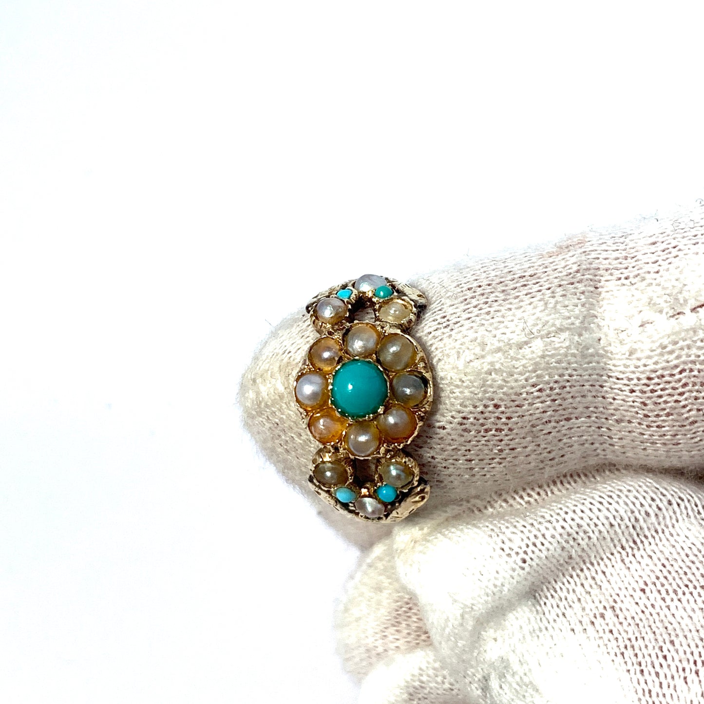 Sweden year 1822. Georgian 18k Gold Turquoise Seed Pearl Ring.