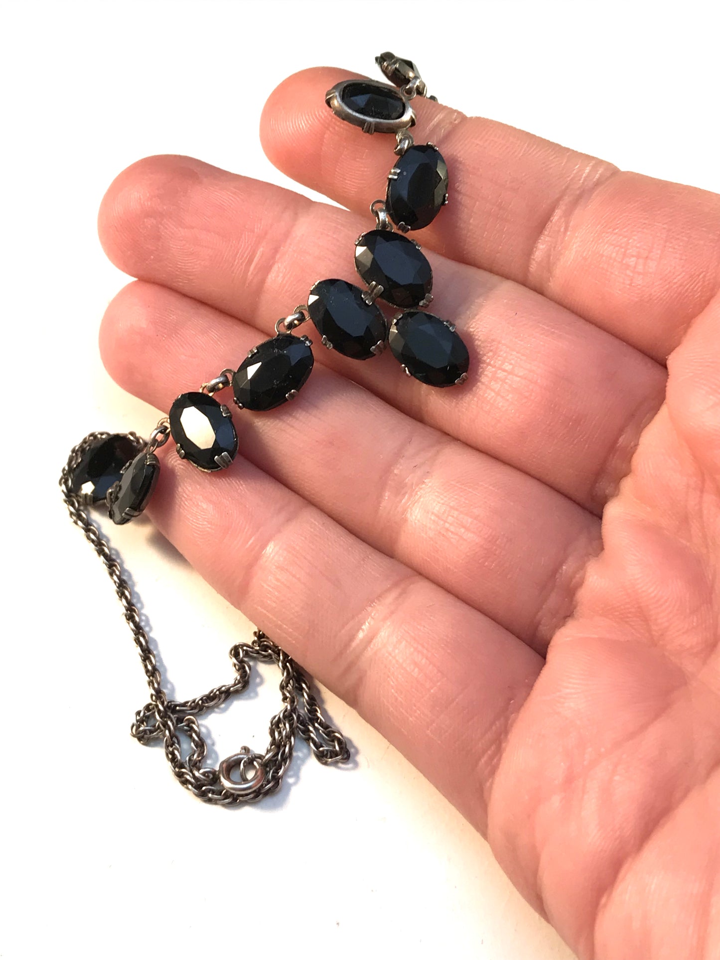 Germany WW1-Era early 1900s 830 Silver Glass Jet Mourning Necklace.