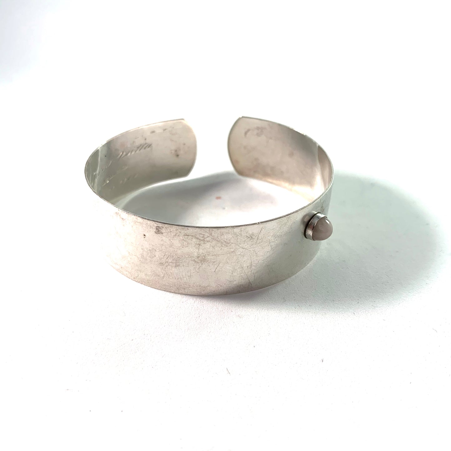 Heikki Kaksonen Finland 1959 Vintage Silver Rose Quartz Cuff Bracelet.