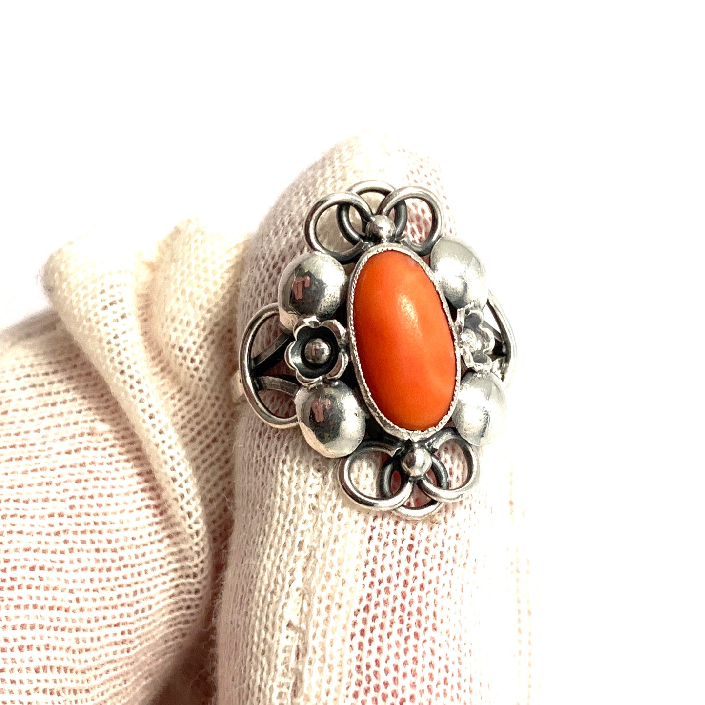 Hugo Grun, Denmark c 1920s. Antique Sterling 930 Silver Coral Ring.