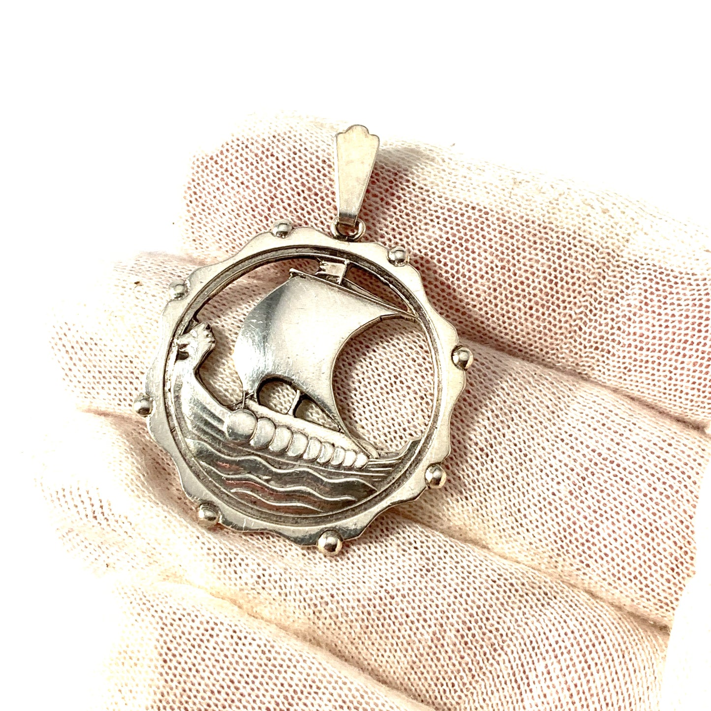 Maker F.H Denmark. Vintage Solid 830 Silver Viking Ship Pendant.