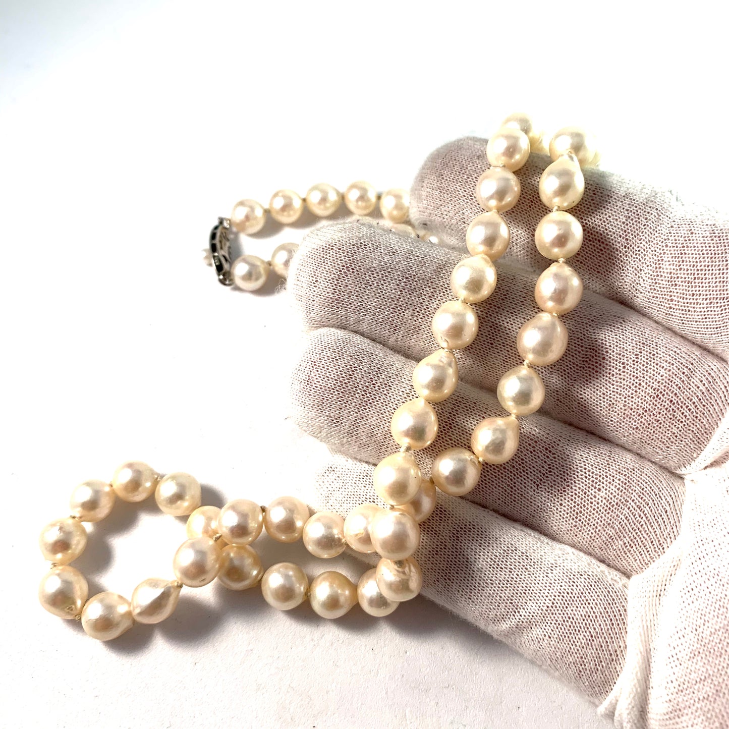 Japan, Vintage Semi Baroque Cultured Pearl Silver Clasp Necklace.