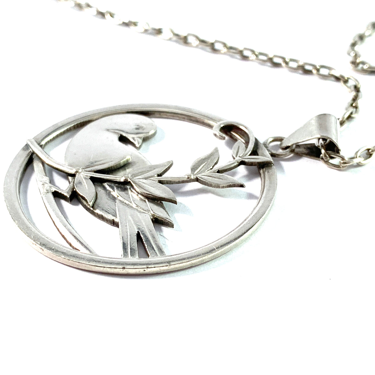SH Mathiesen, Denmark 1896-1937. Solid 830 Silver Peace Dove Pendant Necklace.
