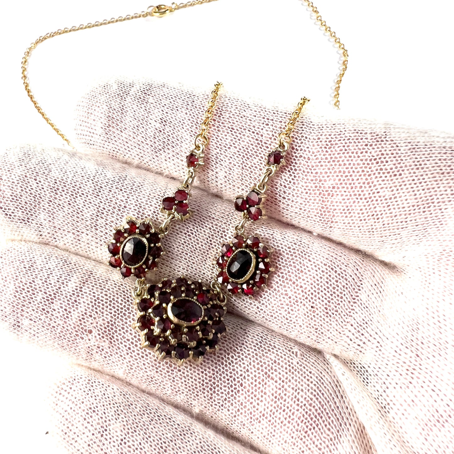 Vintage Mid Century Bohemian Garnet Gilt Metal Necklace.