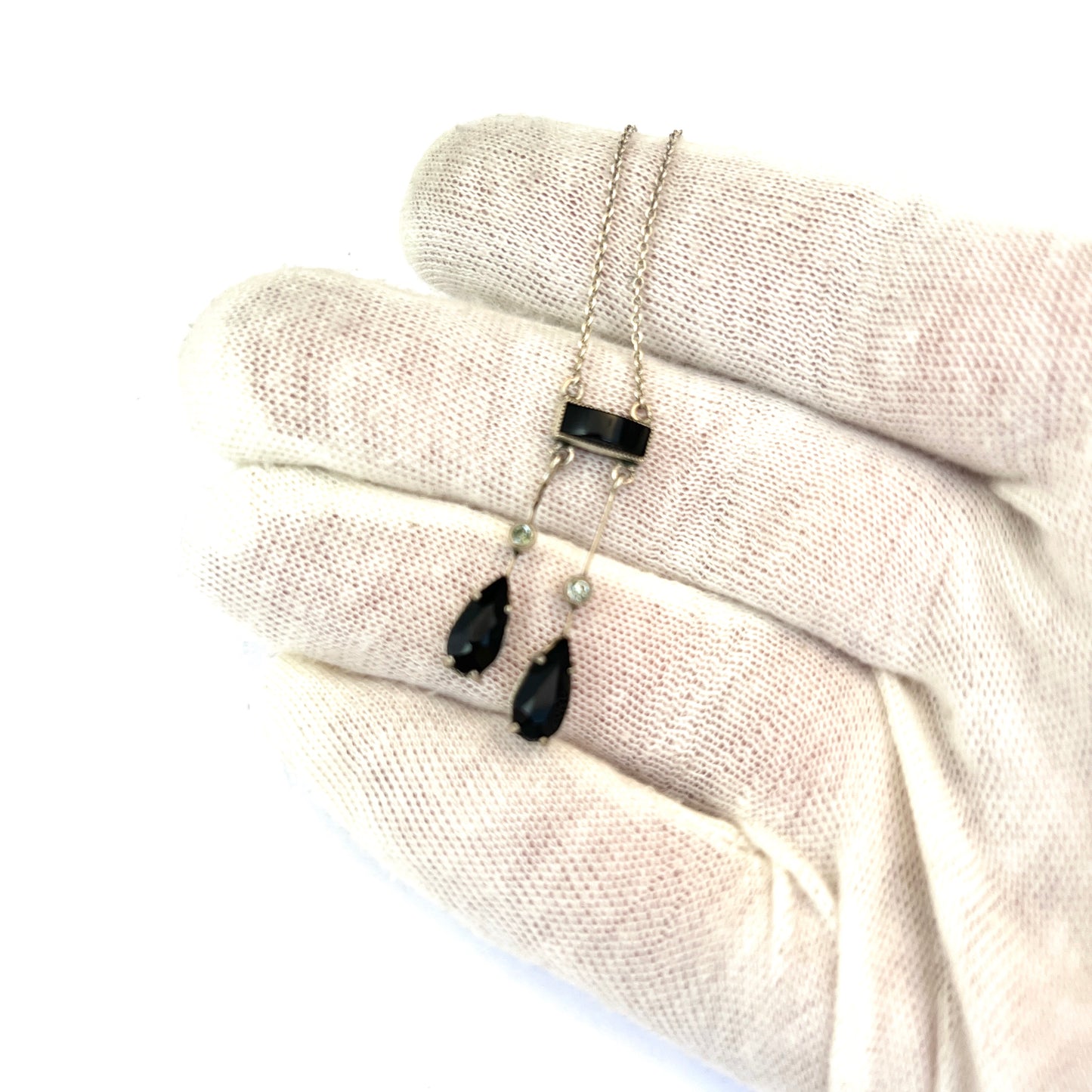 Sweden c 1920s. Antique Art Deco Solid Silver Paste French Jet Negligee Necklace.