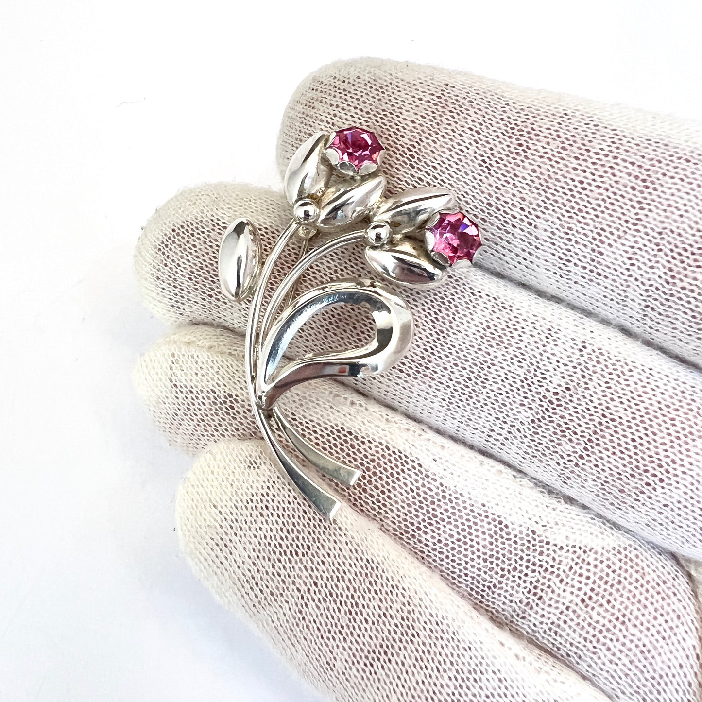 Herman Siersbøl Denmark 1950-60s. Sterling Silver Synthetic Pink Stones Flower Brooch.