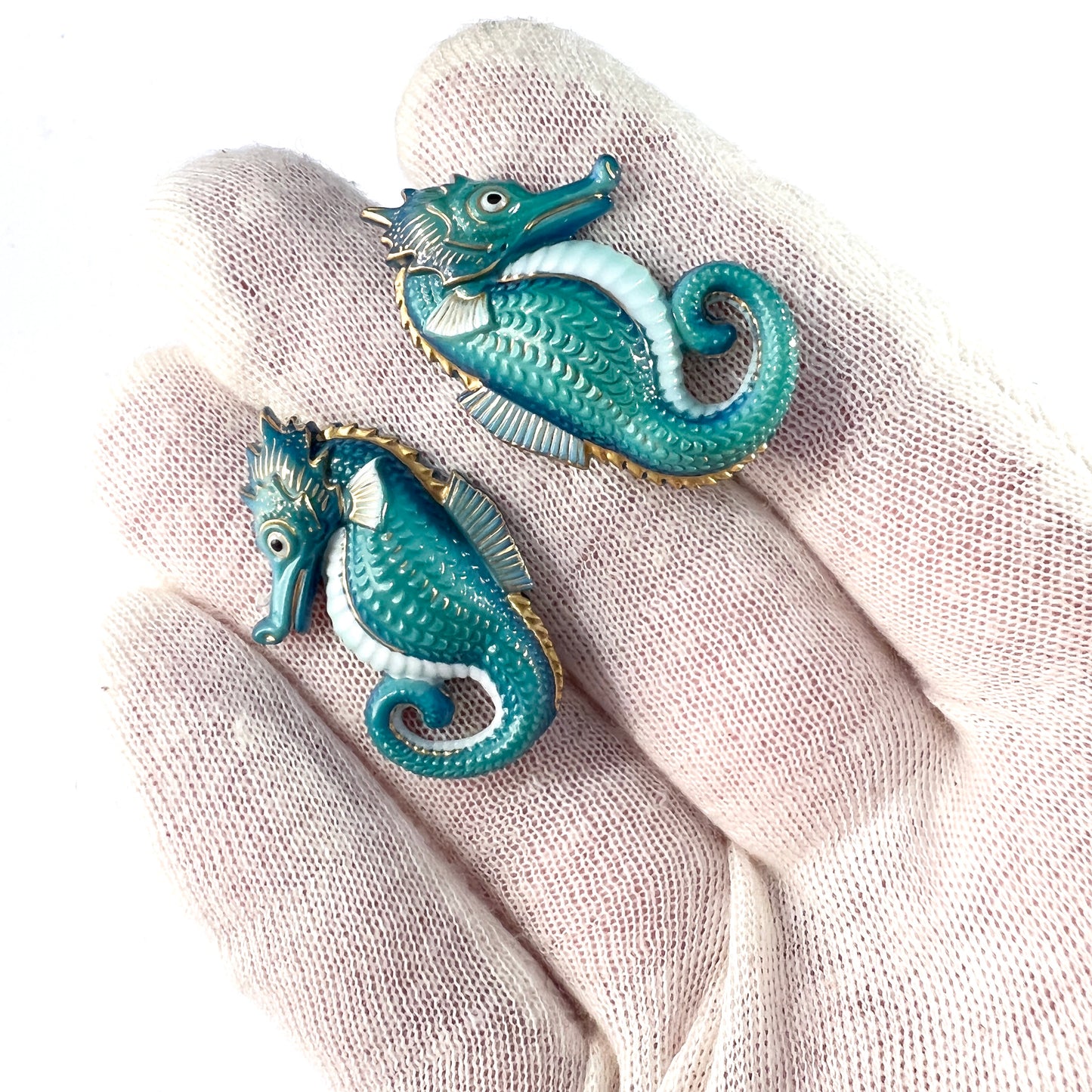 Japan 1950-60s. Vintage Toshikane Porcelain Pair of Seahorse Brooches.
