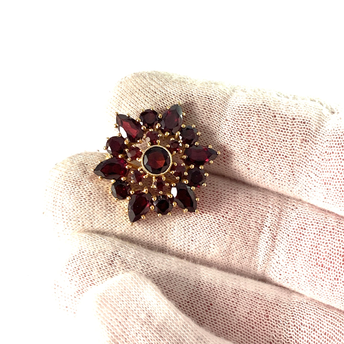 Germany Mid Century Gilt 835 Silver Bohemian Garnet Brooch.