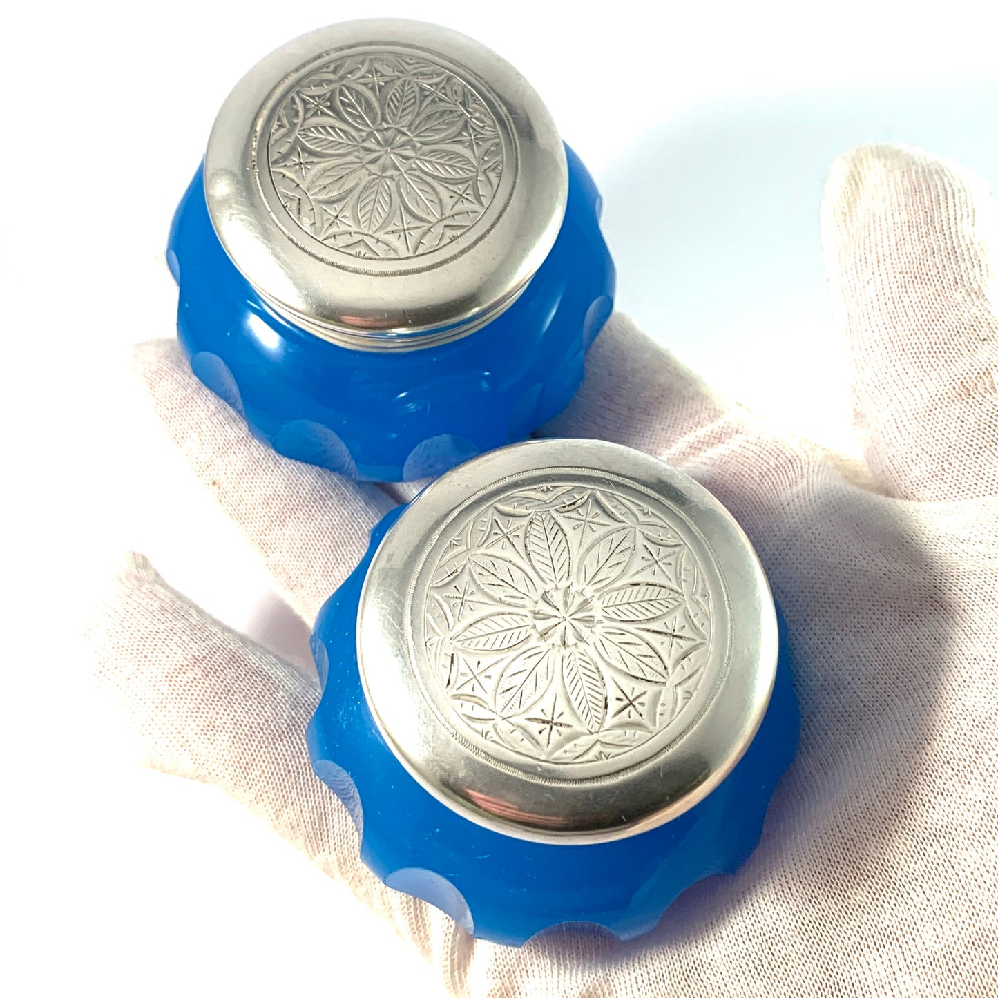 Sweden year 1866. Victorian Solid Silver Topped Blue Opaline Glass Jars