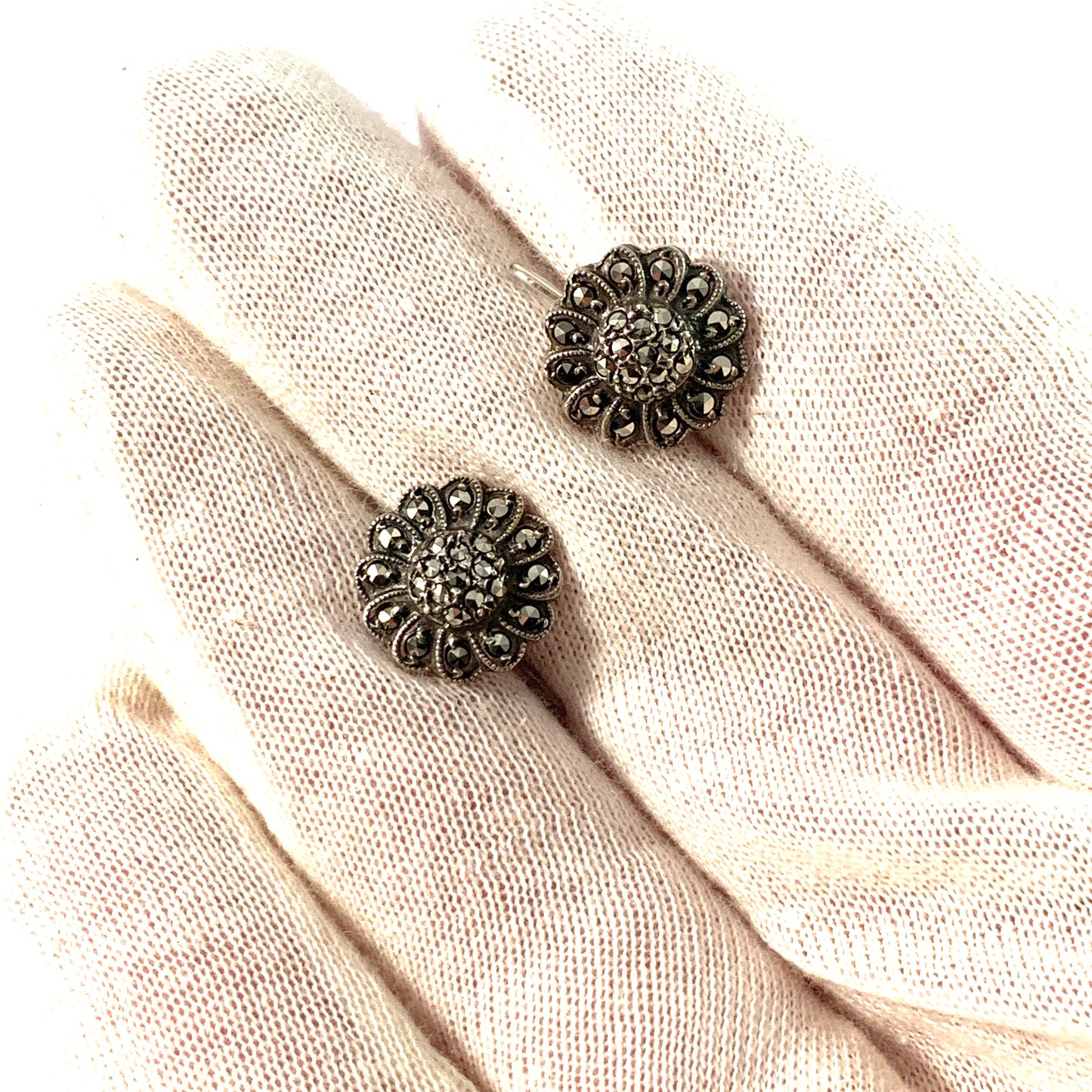 Kaplan, Stockholm 1948. Sterling Silver Marcasite Flower Earrings.