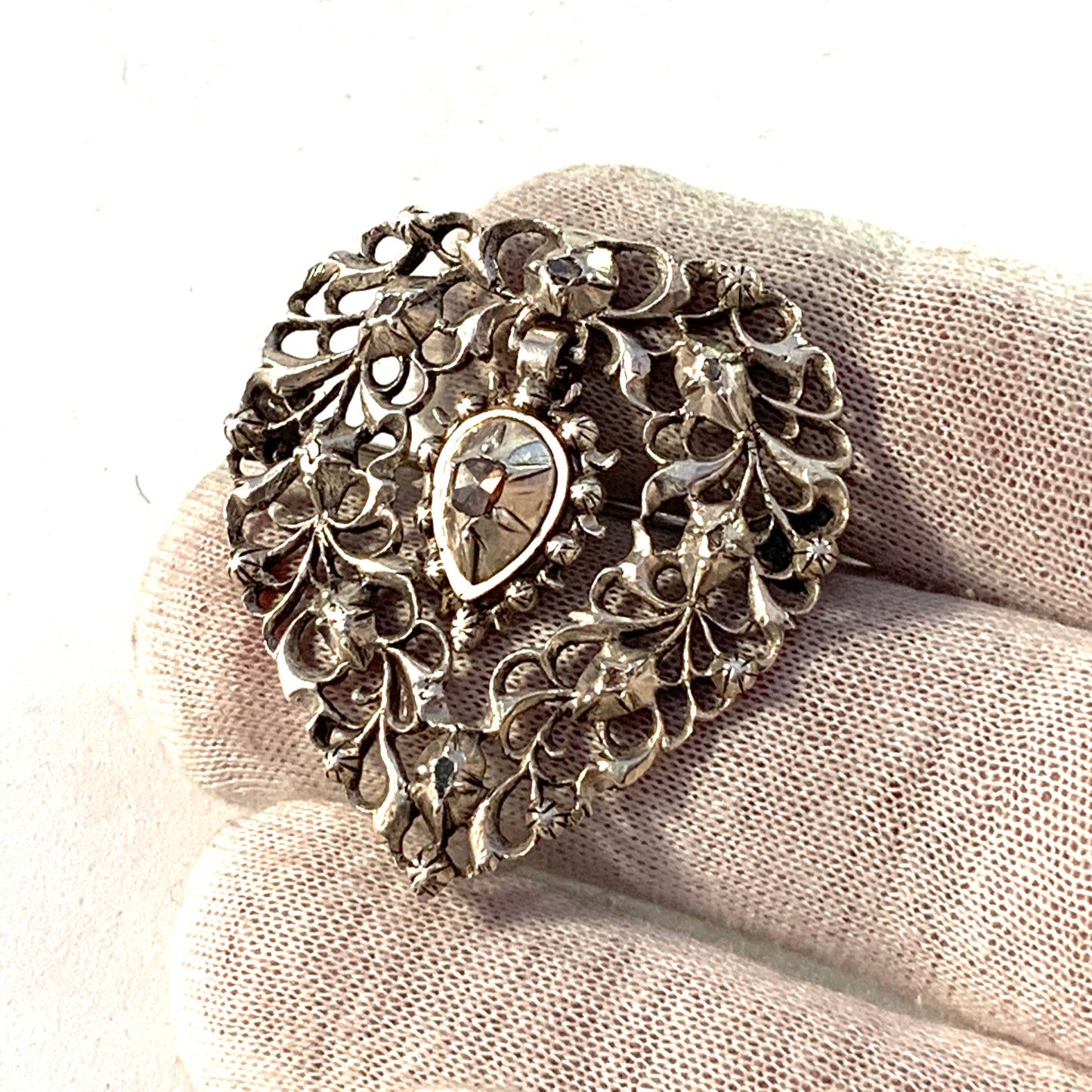 Art Nouveau c year 1900 Silver Rose Cut Diamond Brooch.