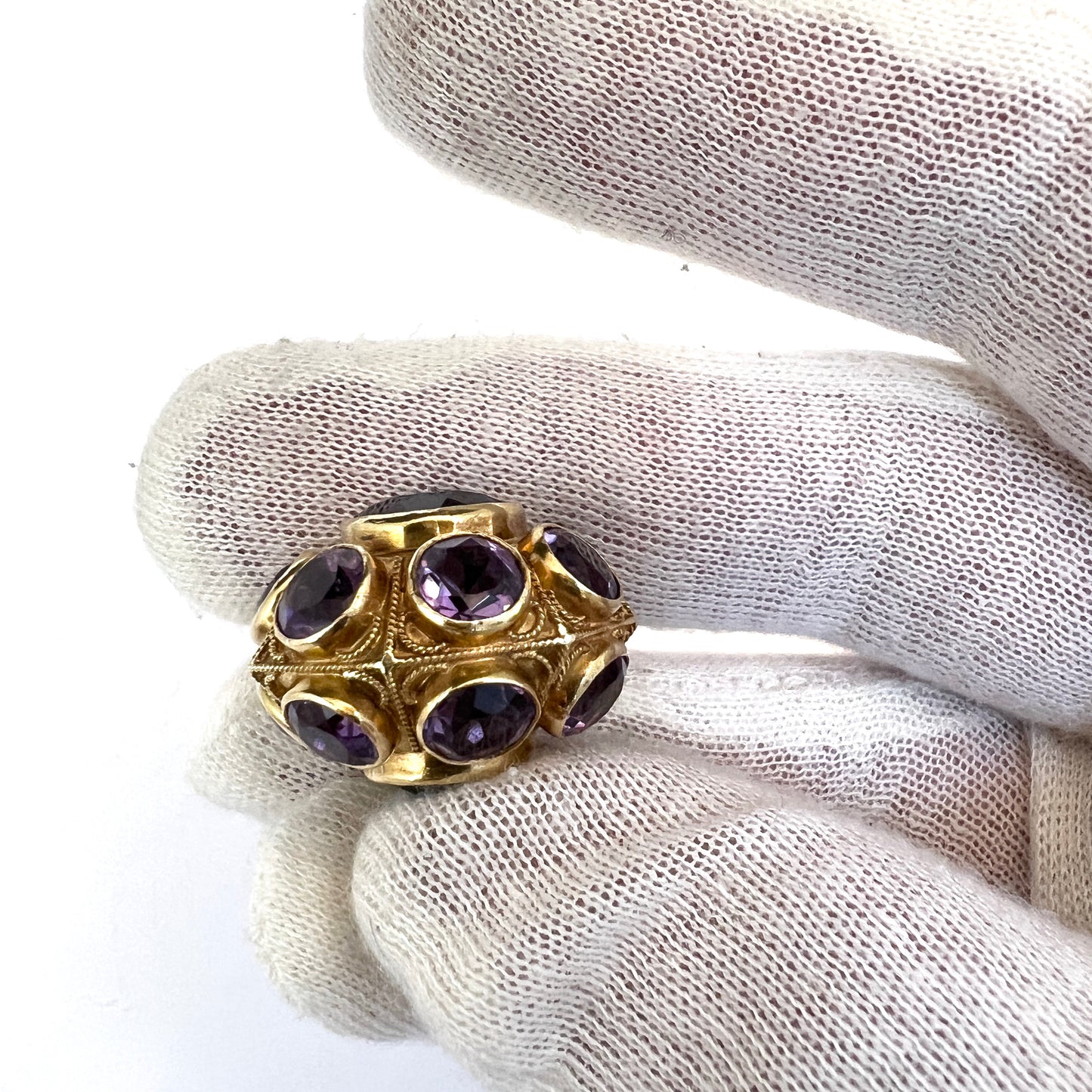 Vicenza, Italy 1944-68 Etruscan Revival 18k Gold Amethyst Pendant. 14.7 gram
