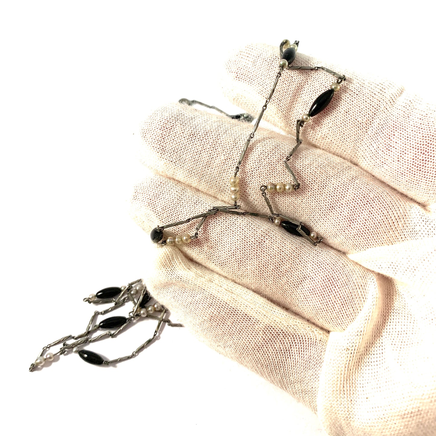 Signed Germany. WW1-Era c 1915. White Metal Seed Pearl Black Enamel Bead Long Necklace.