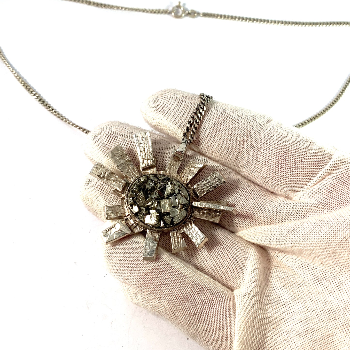Bertil R Kempe, Sweden 1975. Bold Modernist Solid Silver Pyrite Pendant Necklace. Signed.