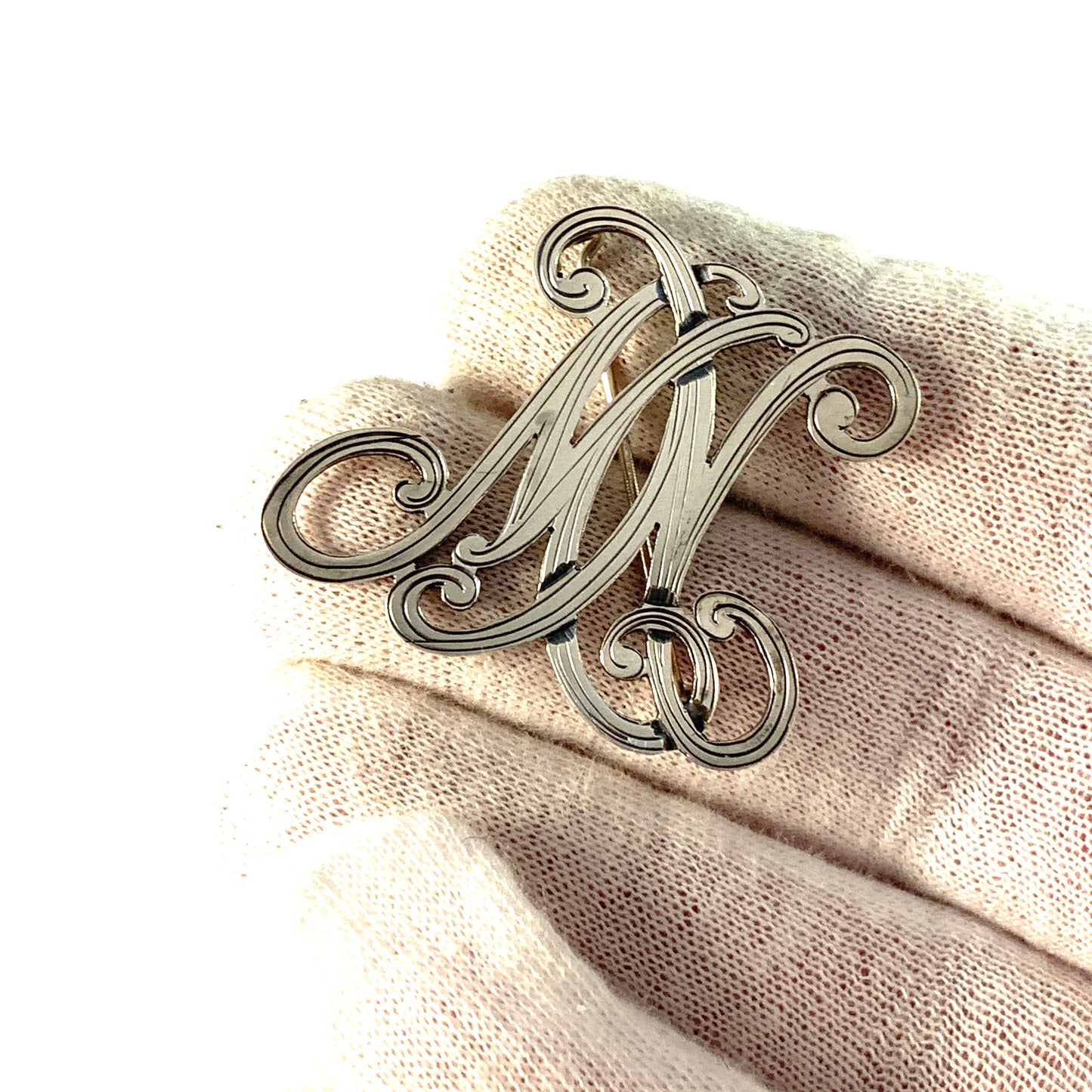 Germany c 1890 Victorian 830 Silver Monogram Brooch. MN or MH