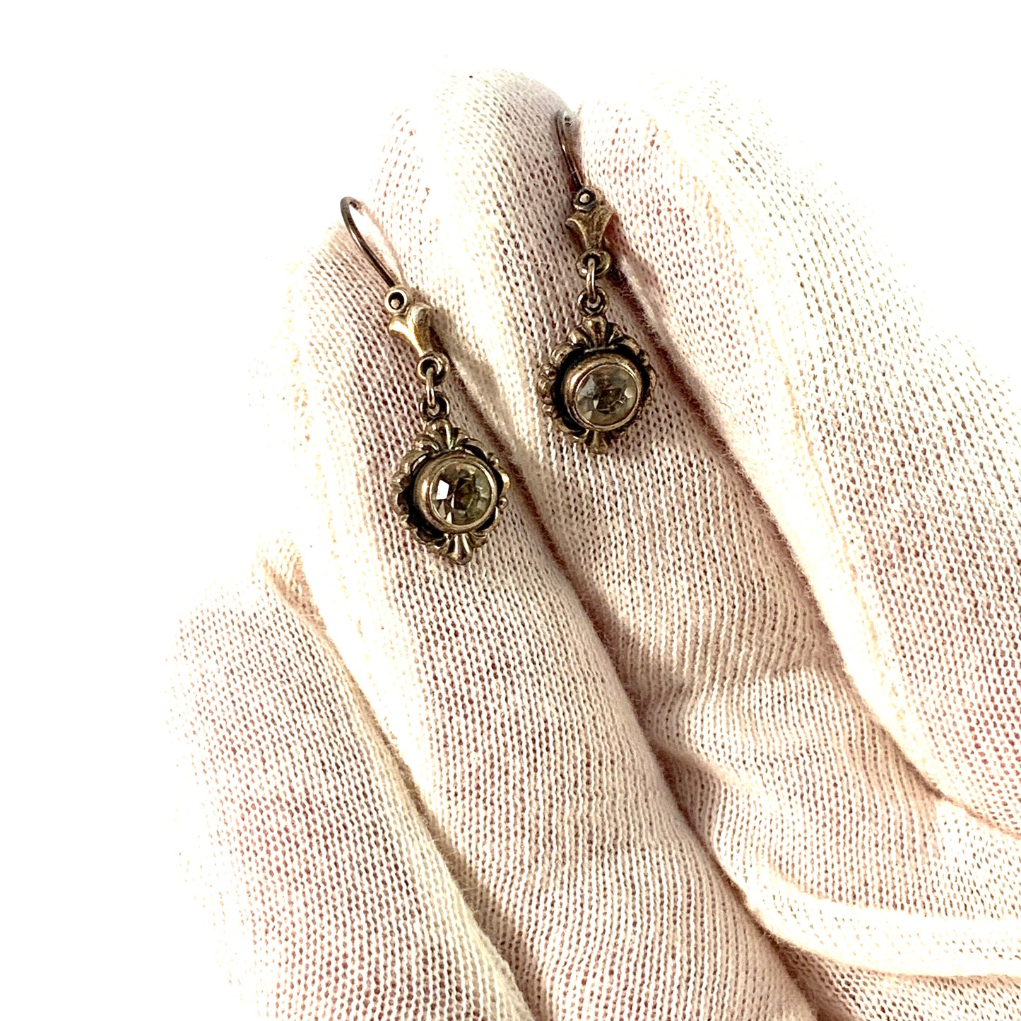 Antique c 1920s. Solid 900 Silver Foil Back Paste Stone Earrings.