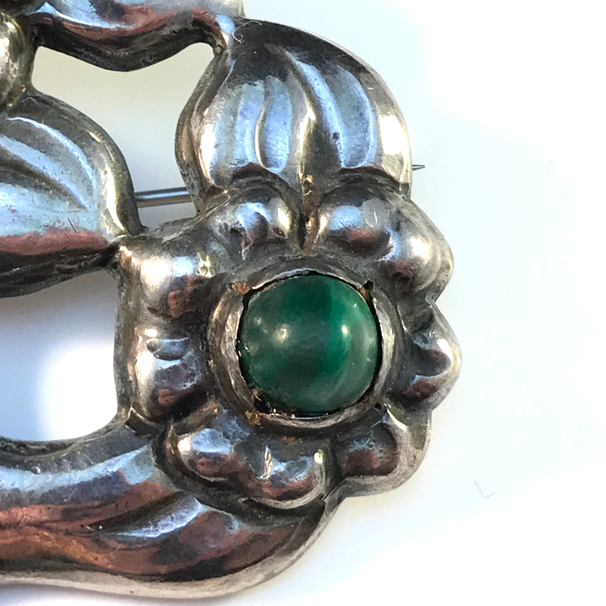 Evald Nielsen for SL Jacobsen & Co, Denmark 1910s Arts and Crafts 830 Silver Malachite Brooch