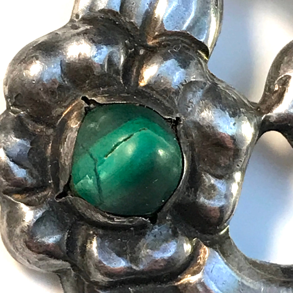 Evald Nielsen for SL Jacobsen & Co, Denmark 1910s Arts and Crafts 830 Silver Malachite Brooch