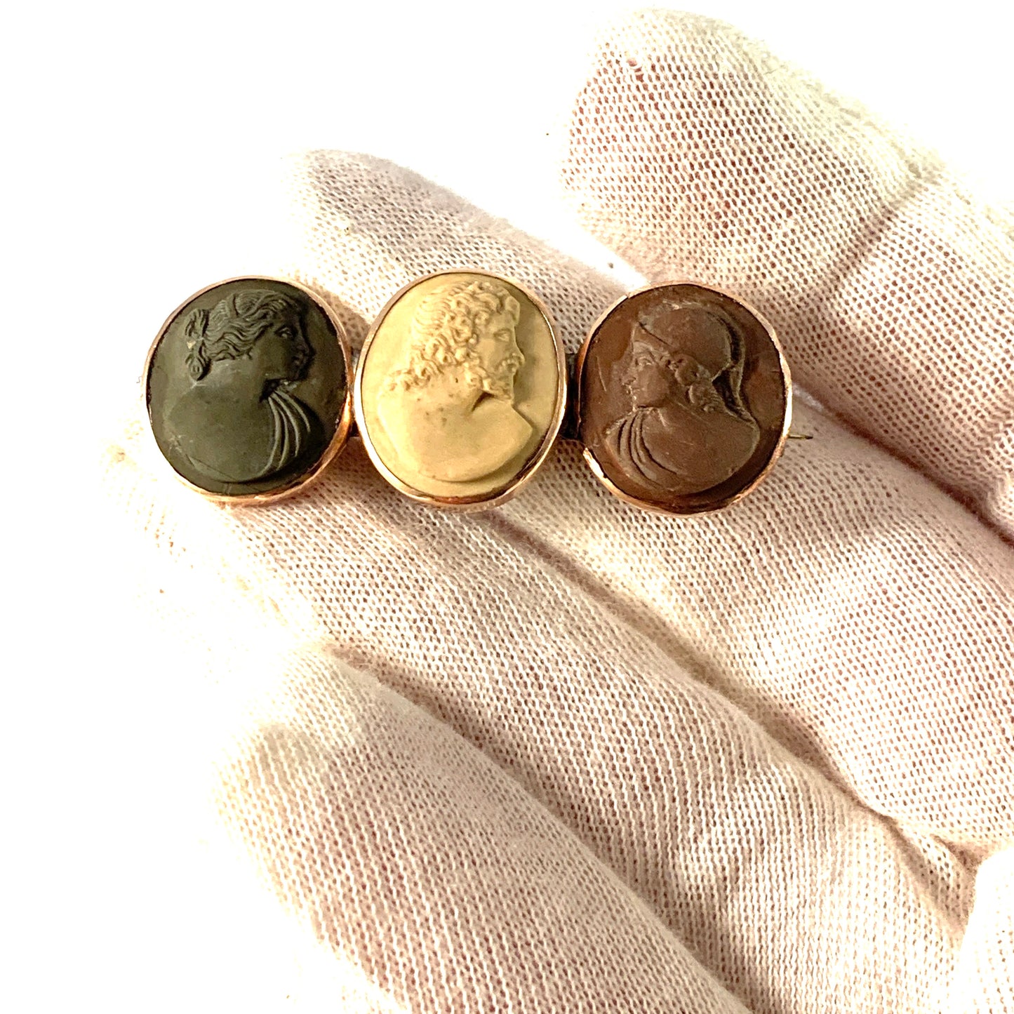 Antique Georgian Grand Tour Lava Cameos Set in 12k Gold Brooch.