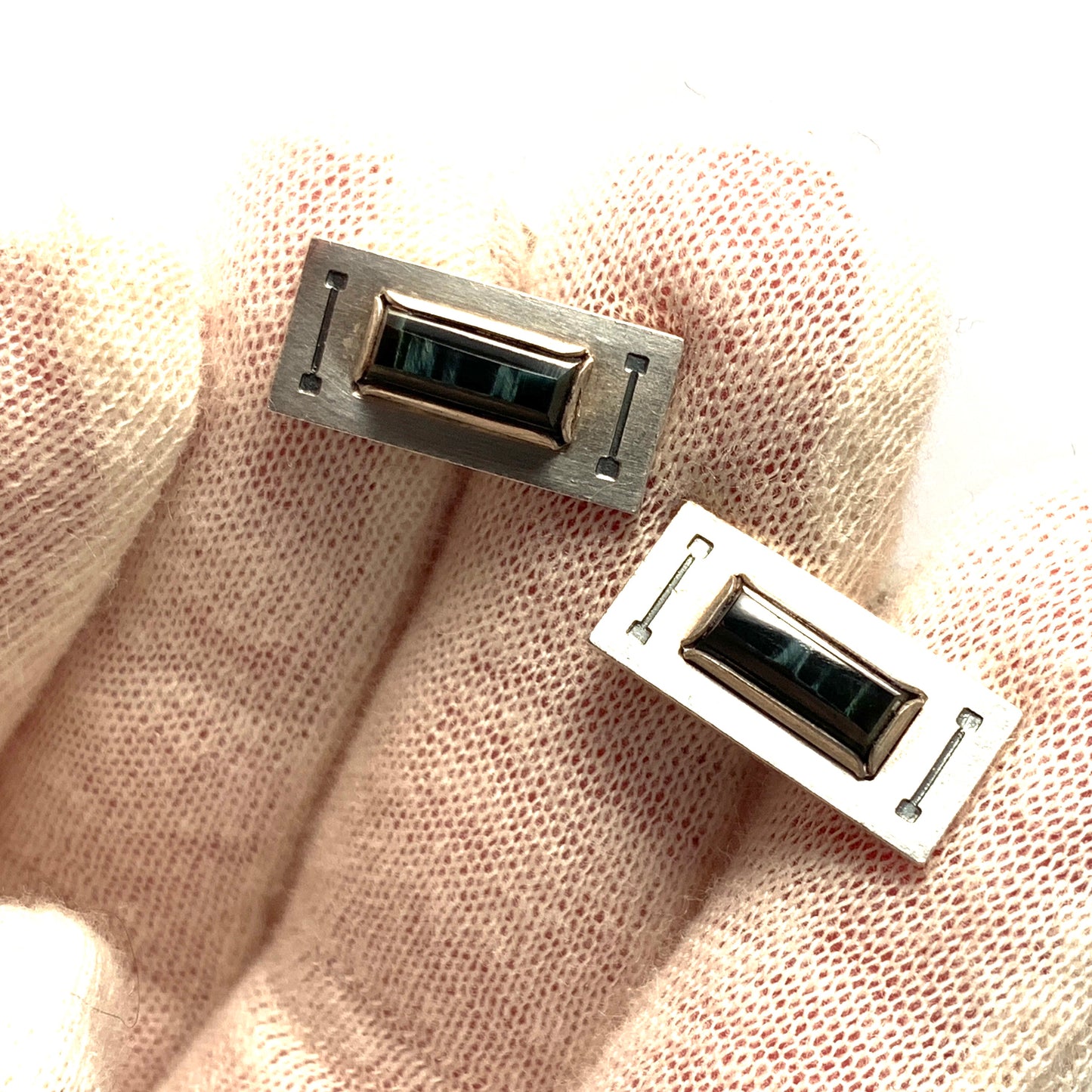 LA Oy, Finland 1967 Solid Silver Black Gray Hardstone Cufflinks