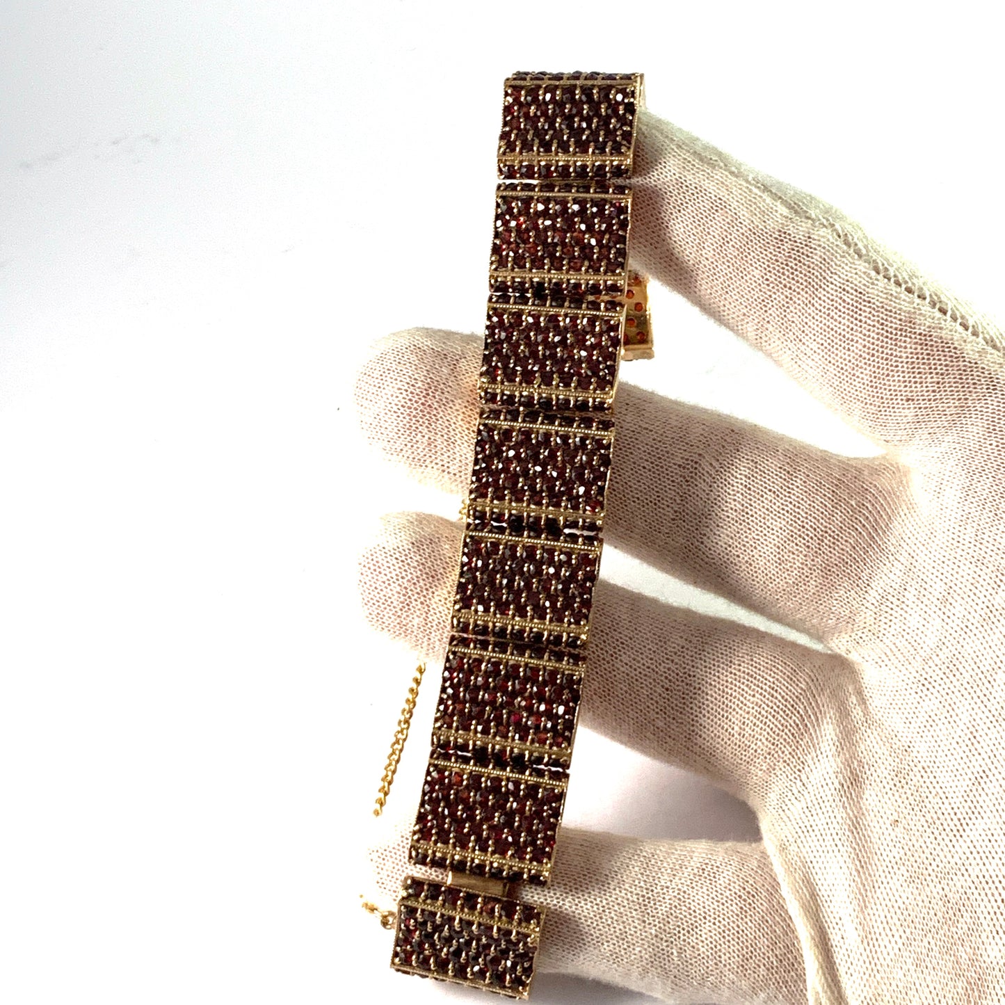 Vintage Mid Century Gilt Metal Bohemian Garnet Bracelet.