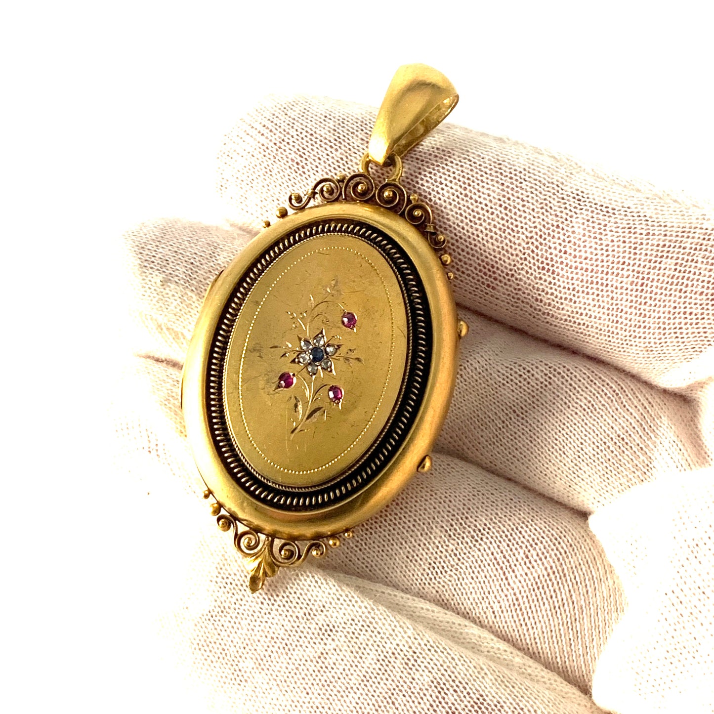 O A Fernqvist, Sweden 1885. Victorian Large 18k Gold Diamond Ruby Sapphire Locket Pendant. 21.9gram