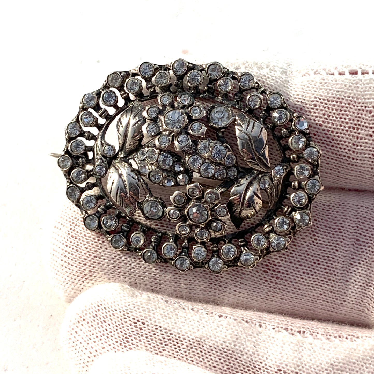 Stockholm 1948 Solid Silver Paste Stone Floral Brooch.