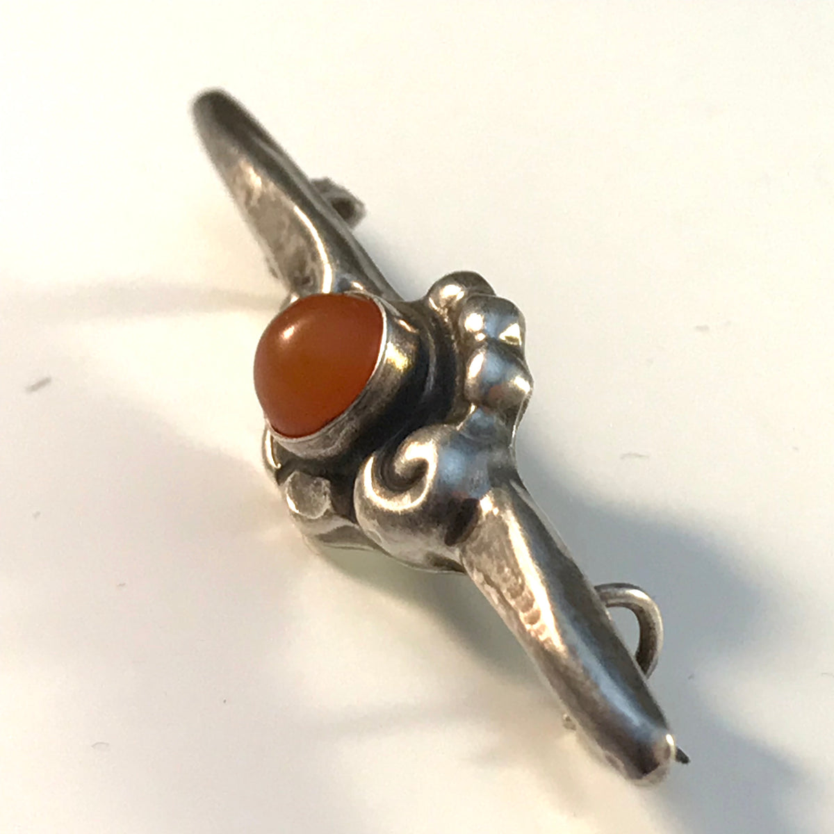 Peter Christian Jensen, Denmark 1915-1925 Arts and Crafts Skonvirke 830 Silver Amber Brooch Pin.