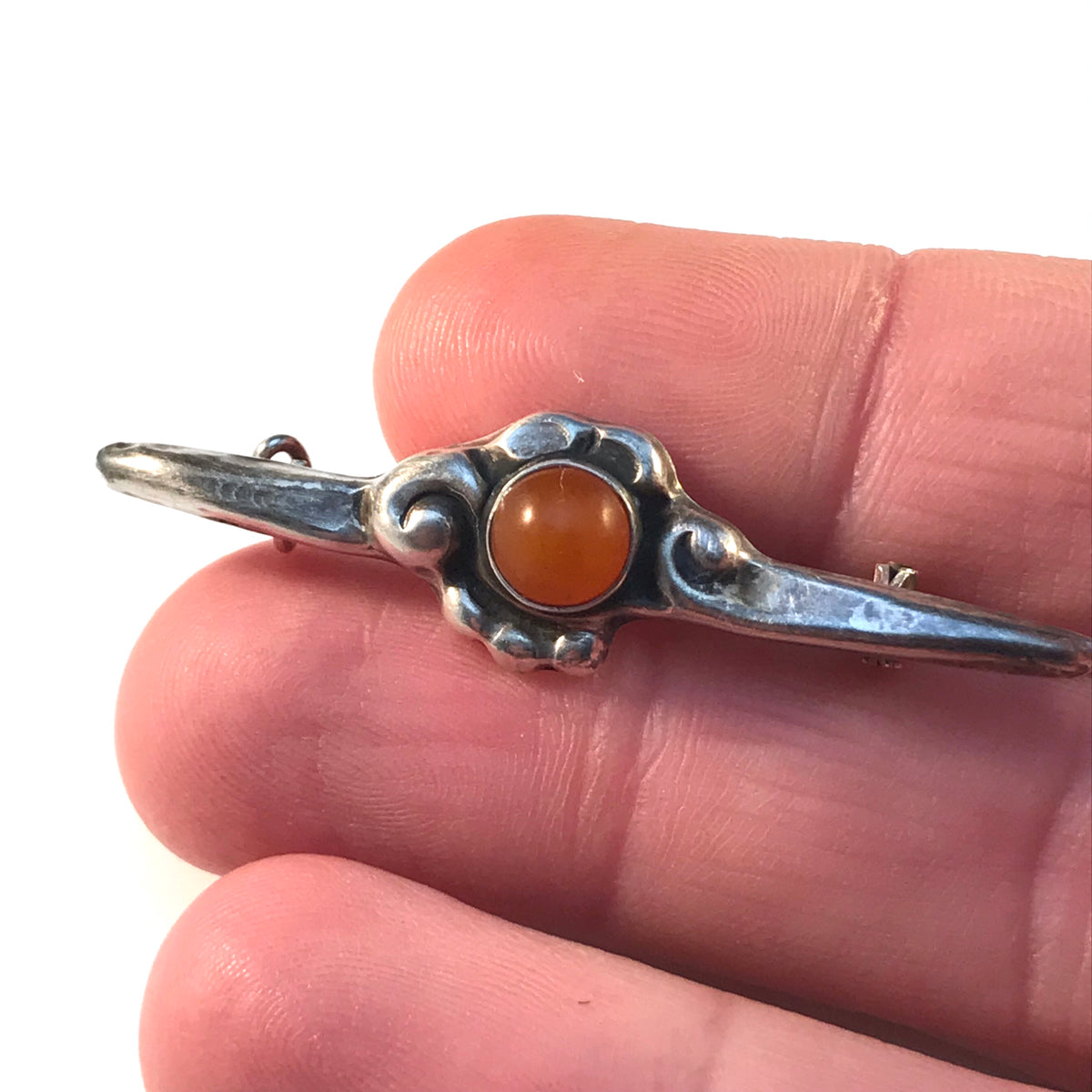 Peter Christian Jensen, Denmark 1915-1925 Arts and Crafts Skonvirke 830 Silver Amber Brooch Pin.