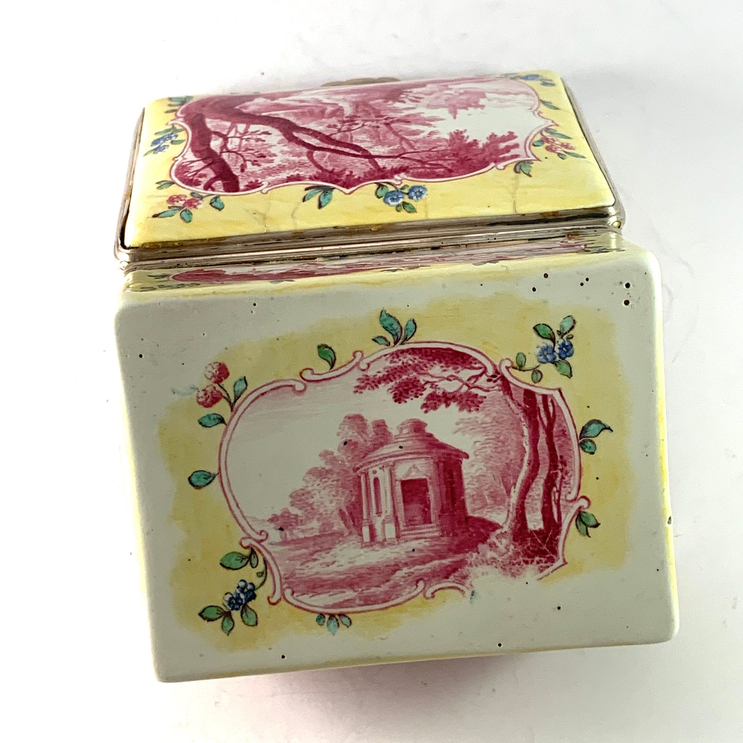 Very Rare Antique Georgian Enamel Table Snuff Box with Silver Rim