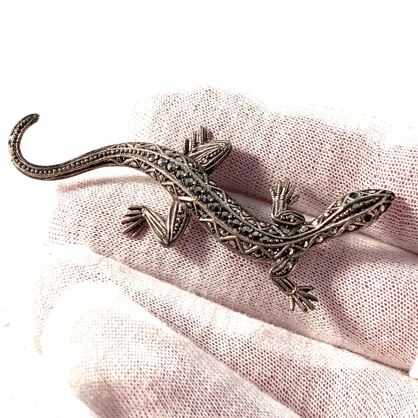 Large Mid Century 830 Silver Marcasite Salamander Brooch.