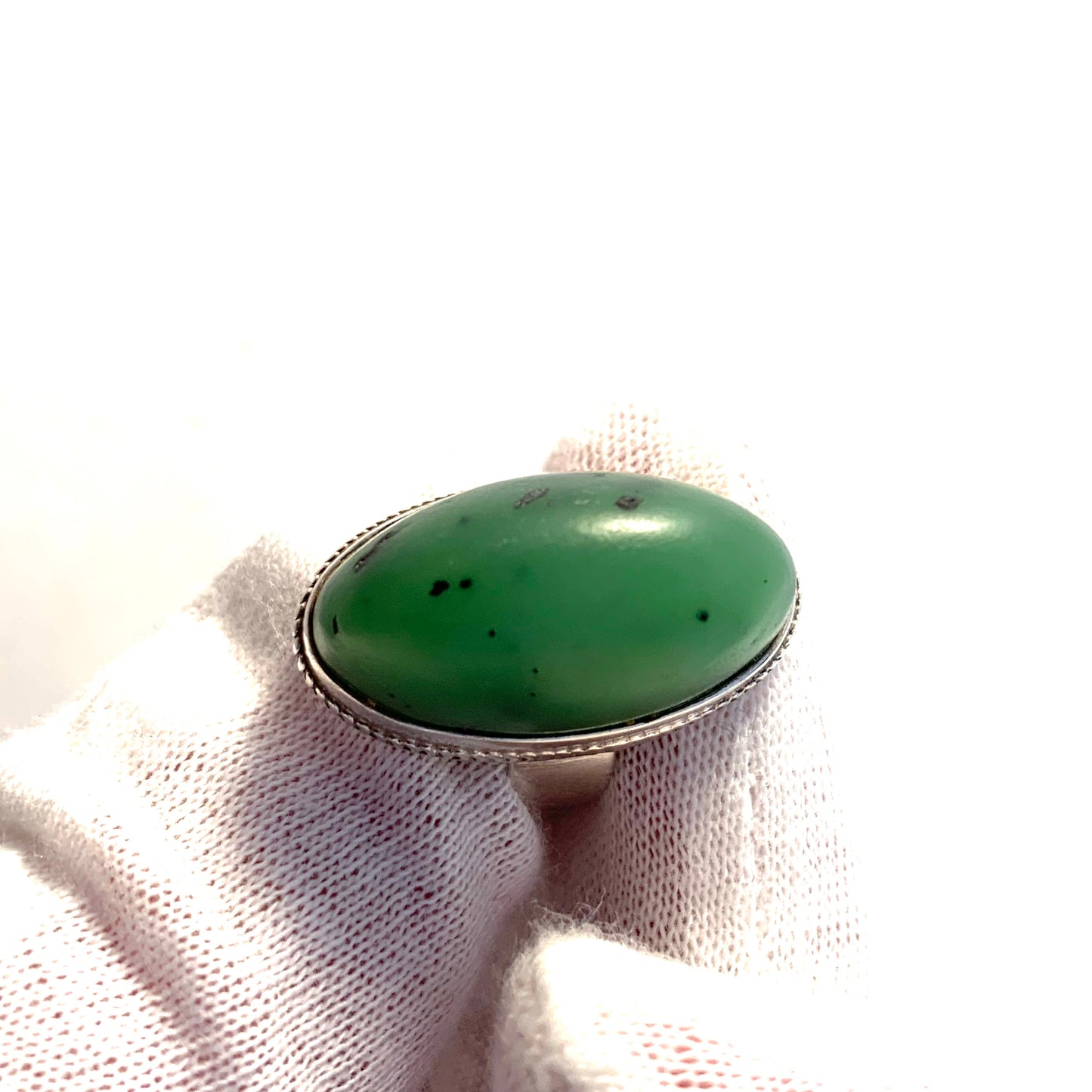 Russia, Soviet Era, Vintage 875 Silver Nephrite Ring.