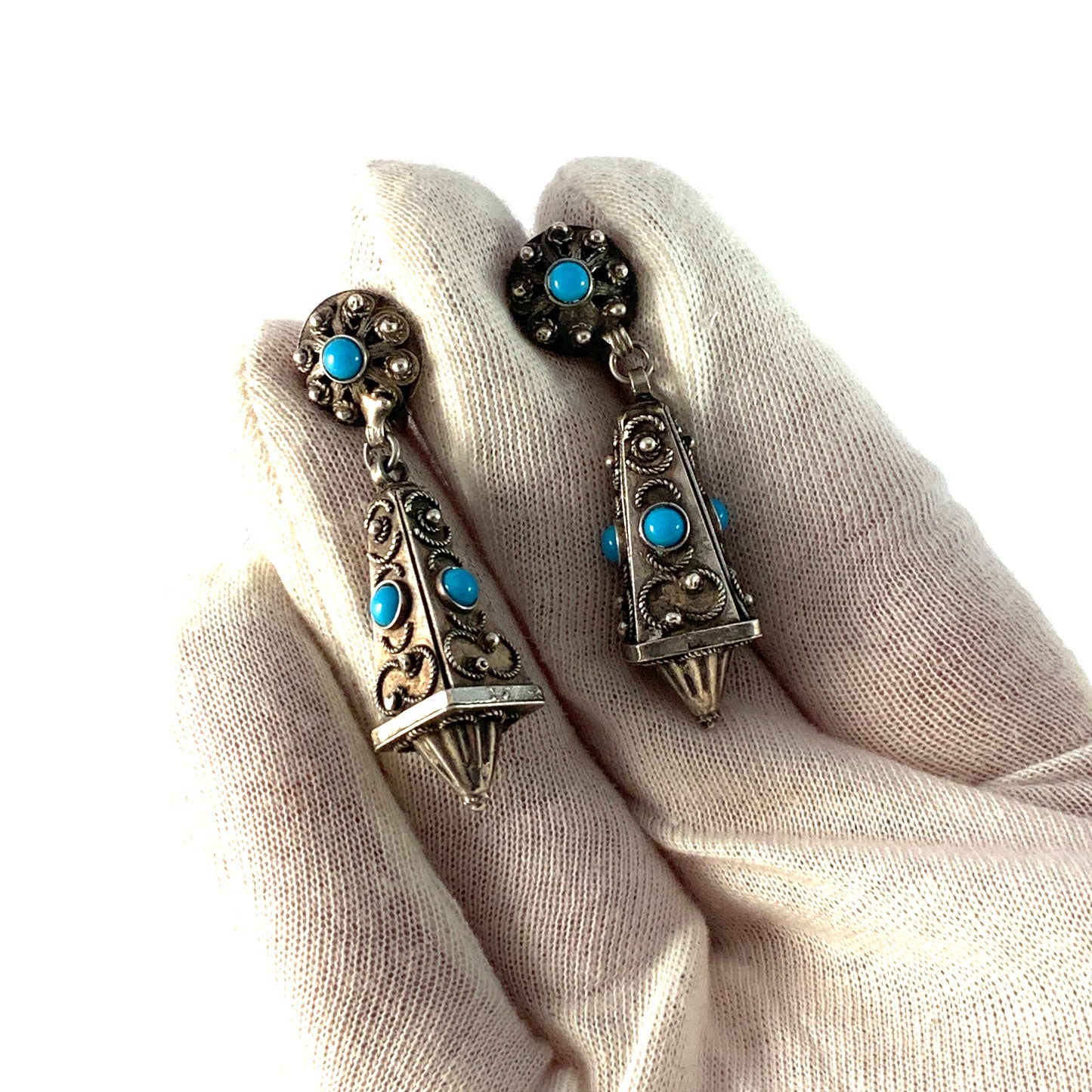 Raag & Havam, Sweden 1950s. Bold Etruscan Revival Sterling Silver Turquoise Earrings.