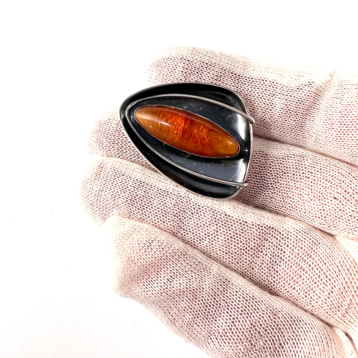 Teka Theodor Klotz, Germany 1950-60s Mid Century Modern Solid 835 Silver Amber Brooch.