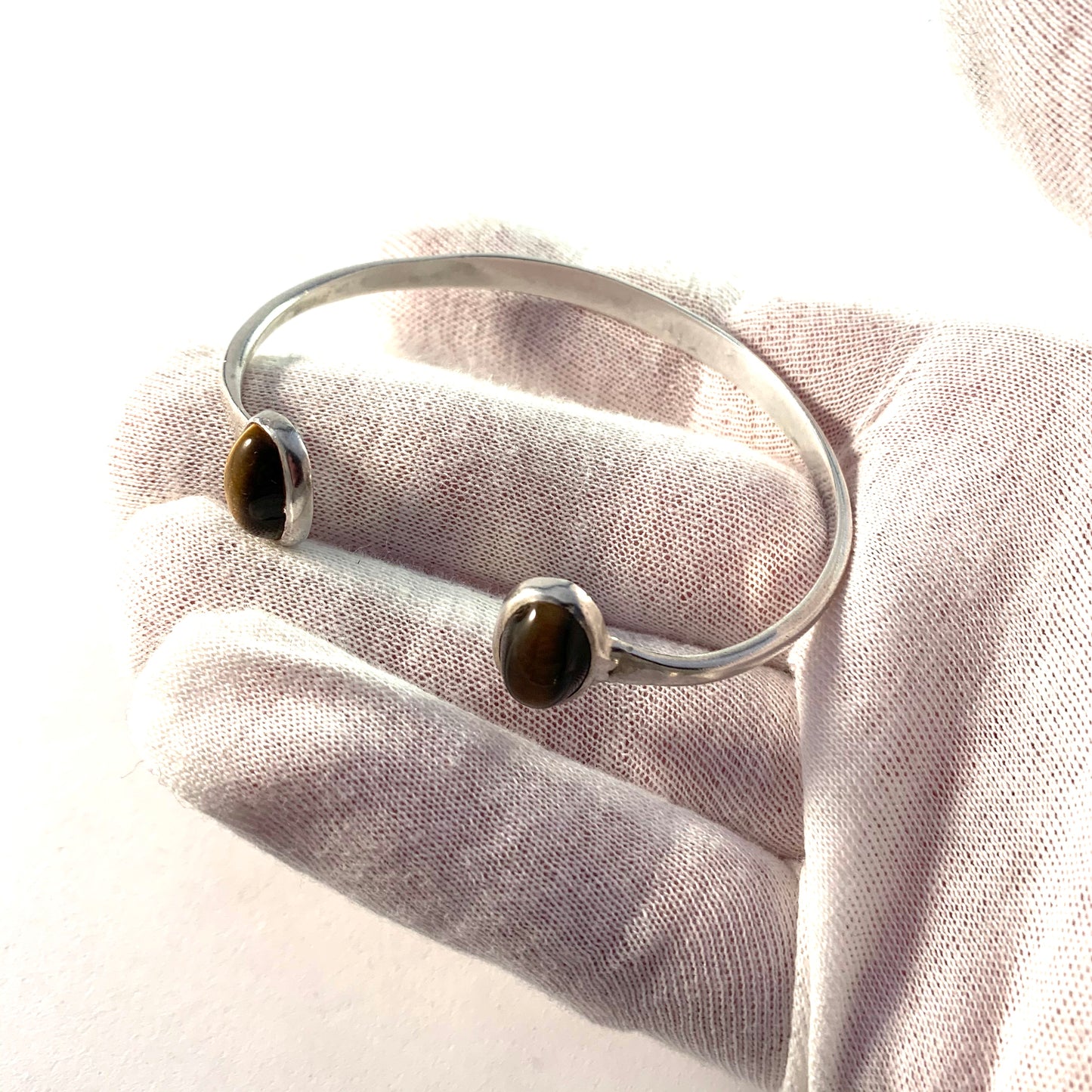France 1950-60s Sterling Silver Tiger-Eye Cuff Bracelet.