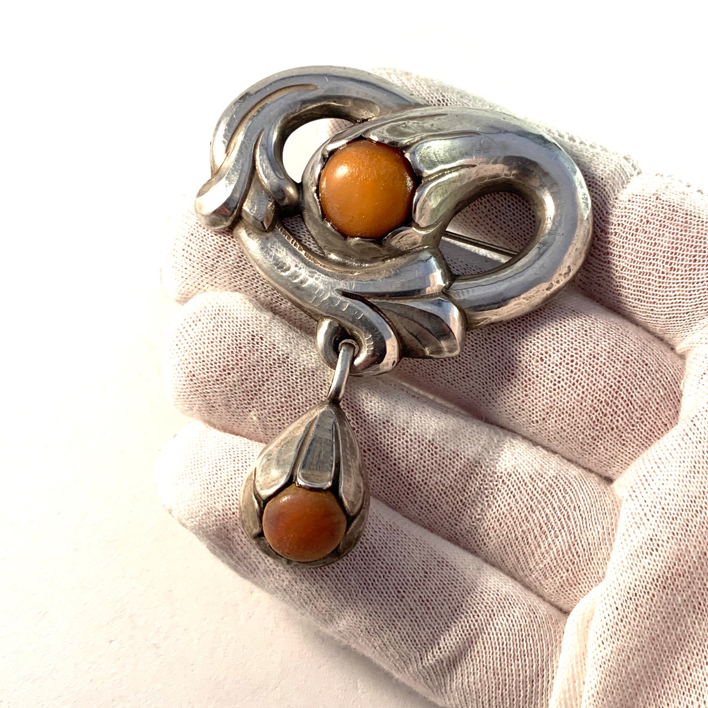 N.C. Nielsen, Denmark c 1910 Art Nouveau Skonvirke Silver Amber Brooch.