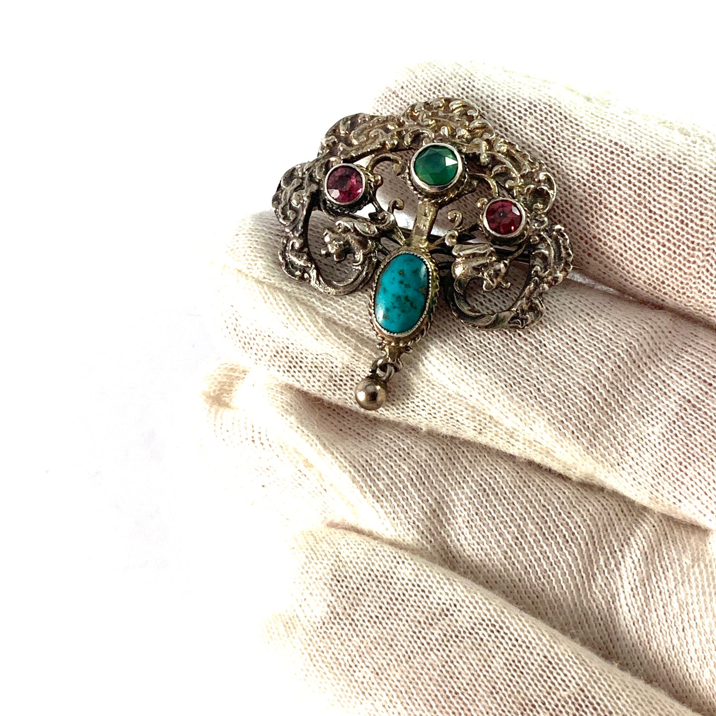 Austro Hungarian 1902-1918 Antique Renaissance Revival Sterling Silver Paste Stone Turquoise Brooch.