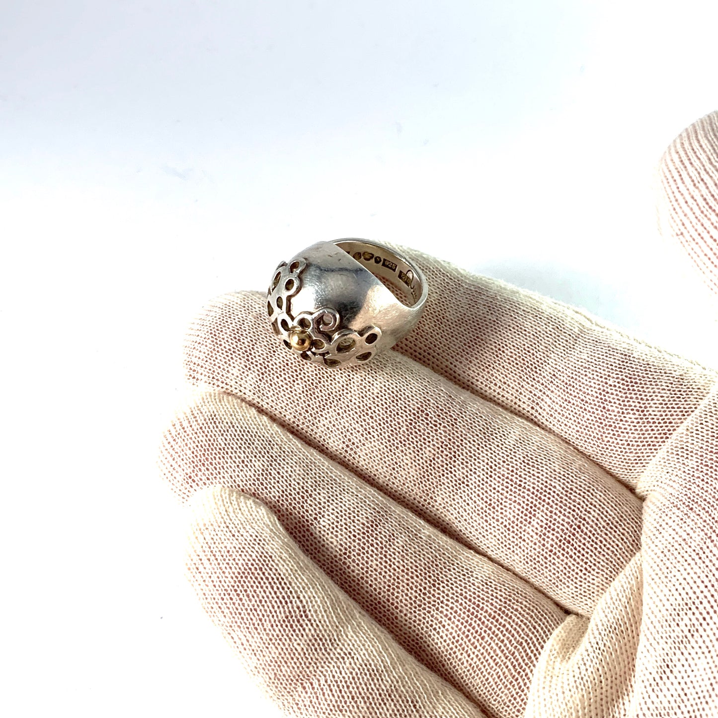 Ulla Holm, Gothenburg 1979. Sterling Silver Bombe Ring. Gold Detail. Signed.