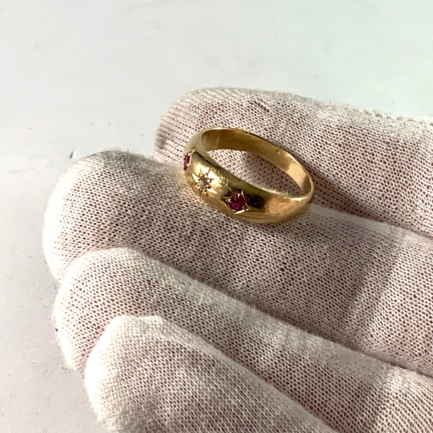 Birmingham 1899 Victorian 18k Gold Diamond Ruby Gypsy Ring.