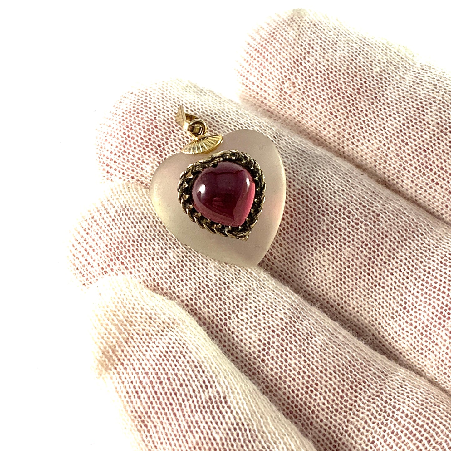Germany / Austria Early 1900s. 835 Silver Bohemian Garnet Milky Quartz Heart Pendant.