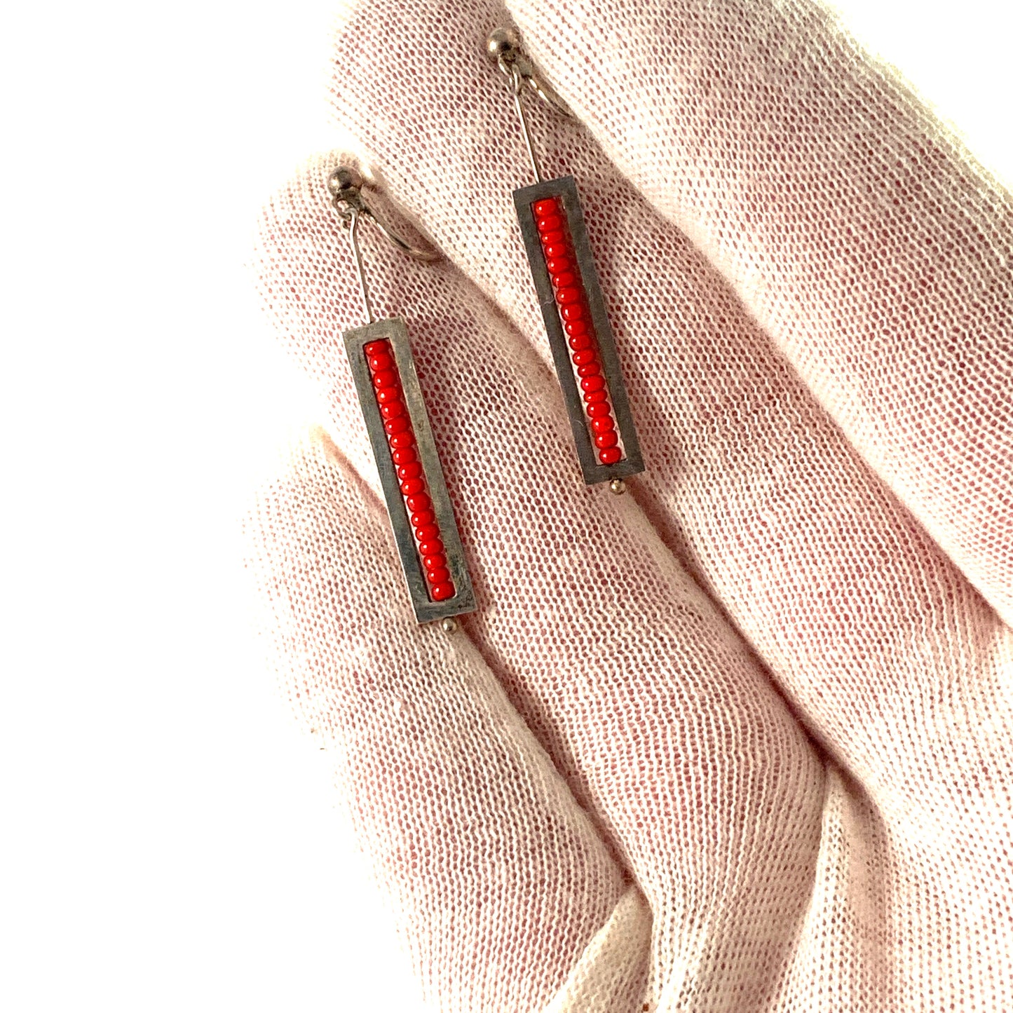 HK Linder, Stockholm 1957. Mid Century Sterling Silver Coral Earrings.