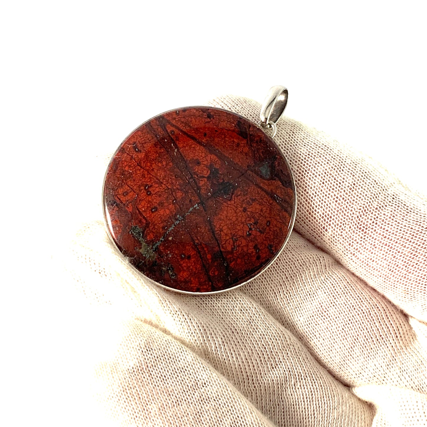 Stenlya, Stockholm 1976. Large Blood Red Iron Ore Sterling Silver Pendant.