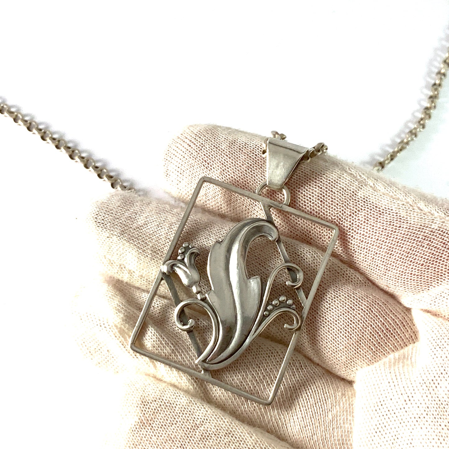 Denmark 1940-50 Solid 830 Silver Pendant Long Chain Necklace.