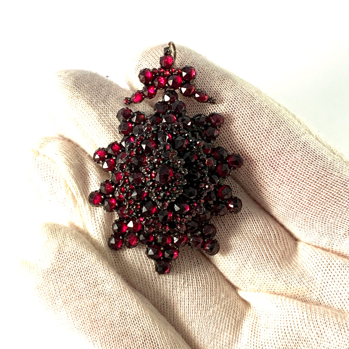 Antique c year 1900 Bohemian Garnet Gilt Silver Vermeil Large Pendant.